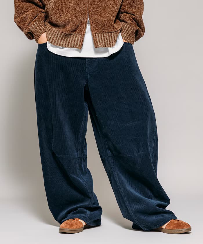 寬版曲線單次水洗燈芯絨褲子