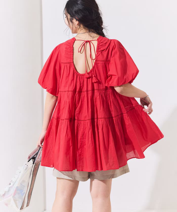 印度棉紡布露背層次迷你連身裙