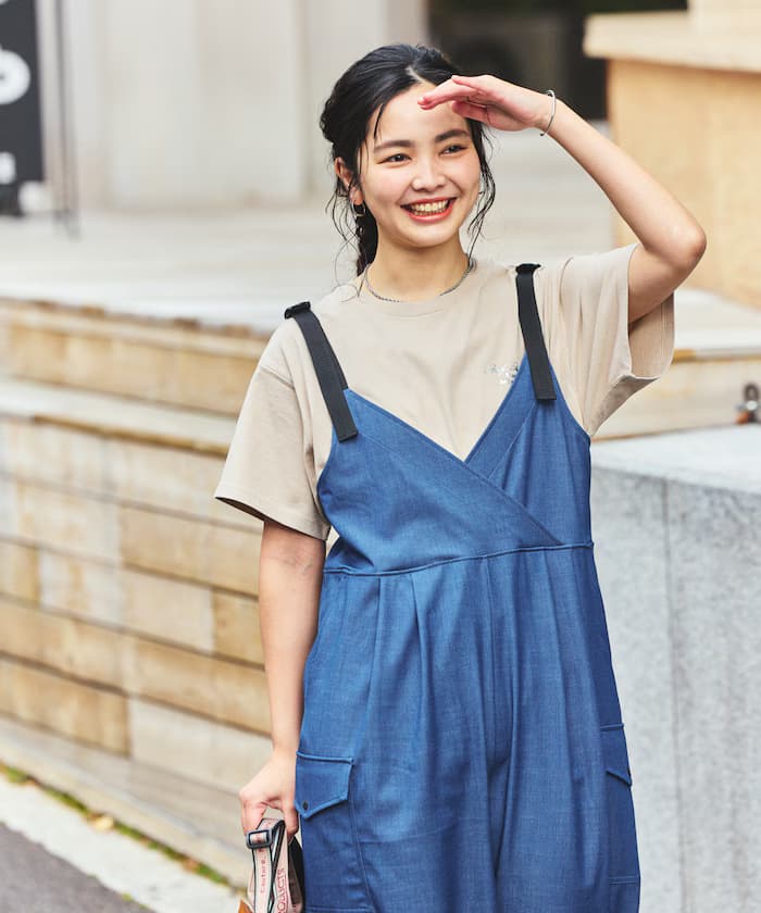 別注 UVカット 丹寧ライク寬版 連身褲裙