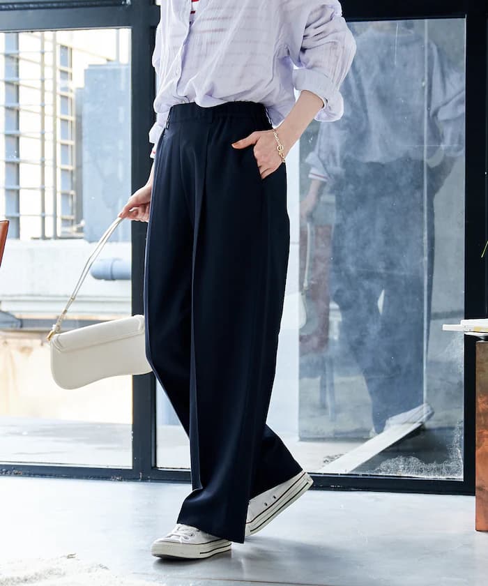 接觸冷感/UVカット LINEN TOUCH 打褶鬆緊褲子