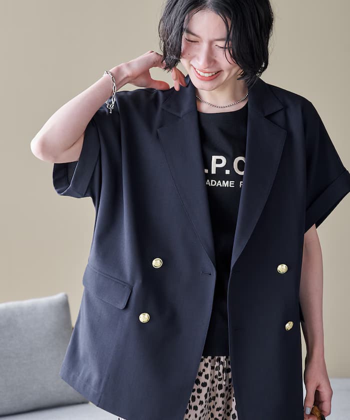 接觸冷感/UVカット LINEN TOUCH 雙排扣半袖外套