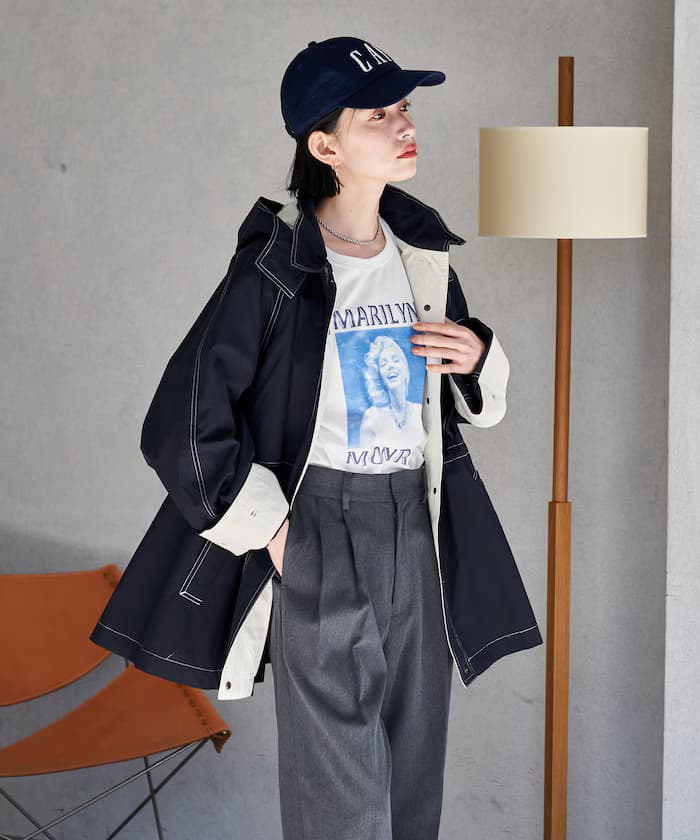 2way 配色ステッチ 連帽付き 迷你喇叭大衣