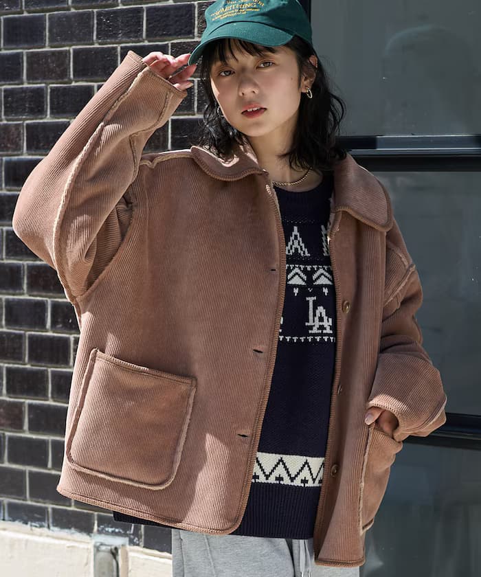 襟付燈芯絨絨毛雙面外套