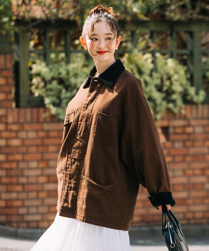 寬版燈芯絨切替鴨布連身工作外套 【限定展開】