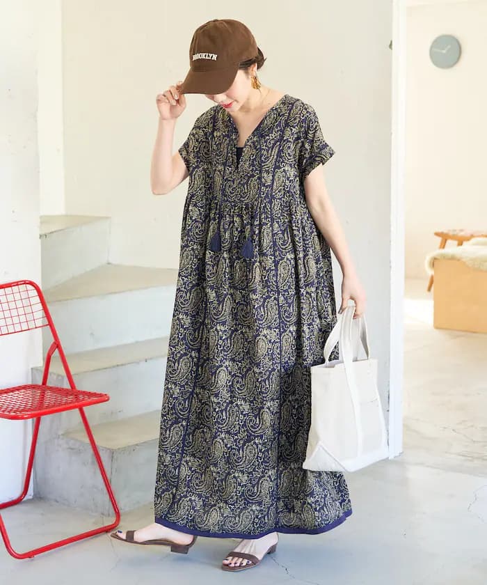 印度佩茲利花紋翻領連身裙【限定展開】
