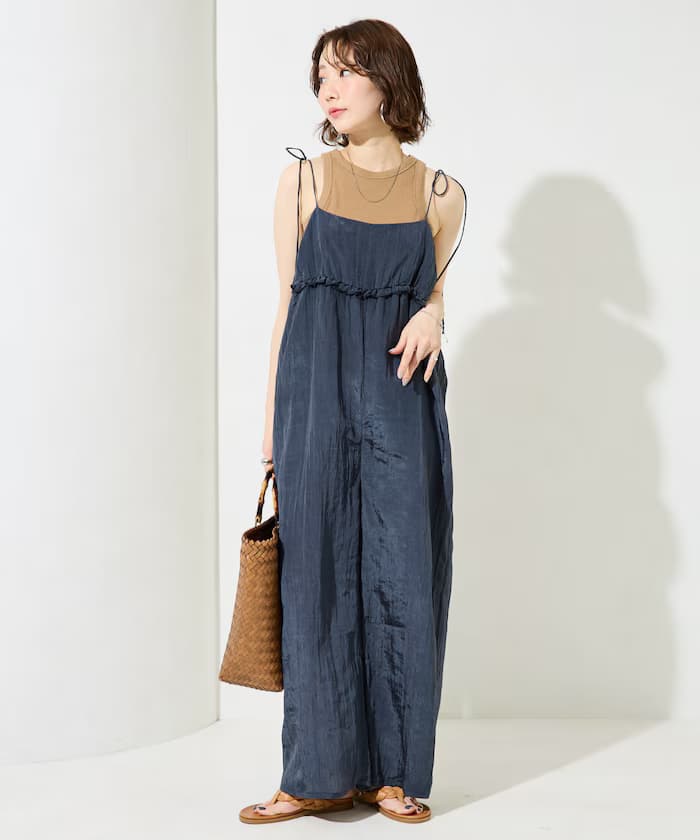 水洗加工荷葉邊蓬鬆吊帶褲【限定展開】