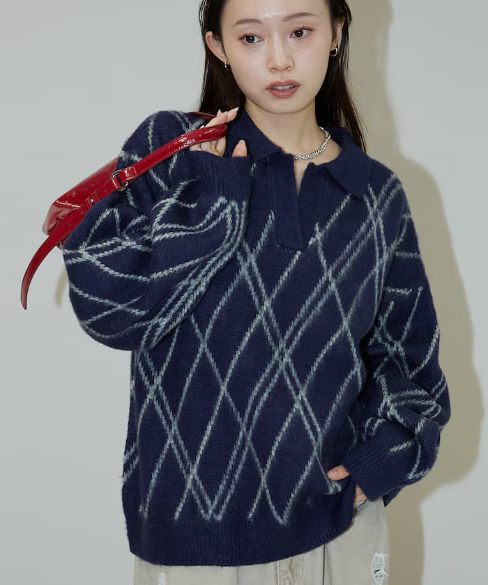 格紋圖案莫海亞觸感船領針織衫限定展開