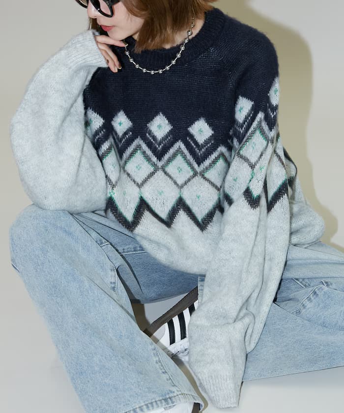 鑽石提花莫海爾觸感針織衫套頭衫 限定展開