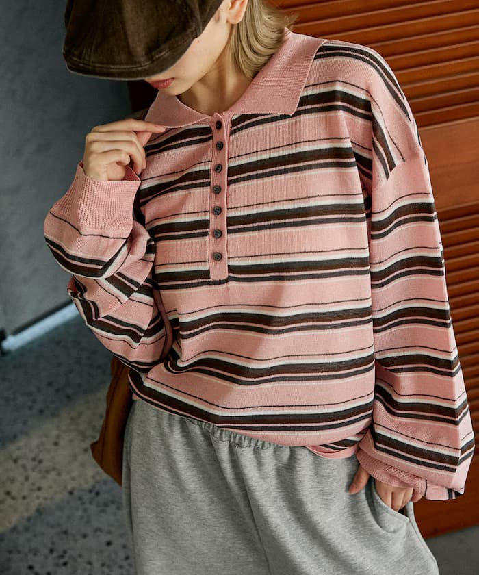 橫條紋透視ポロ針織衫 限定展開