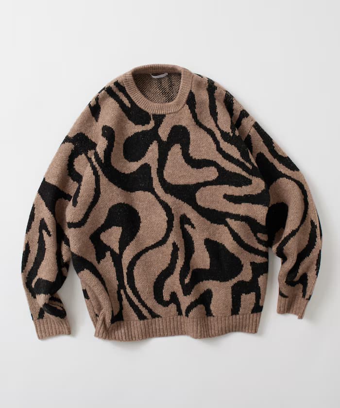 總圖案雙重提花針織衫 圓領套頭衫 / 寬鬆版型