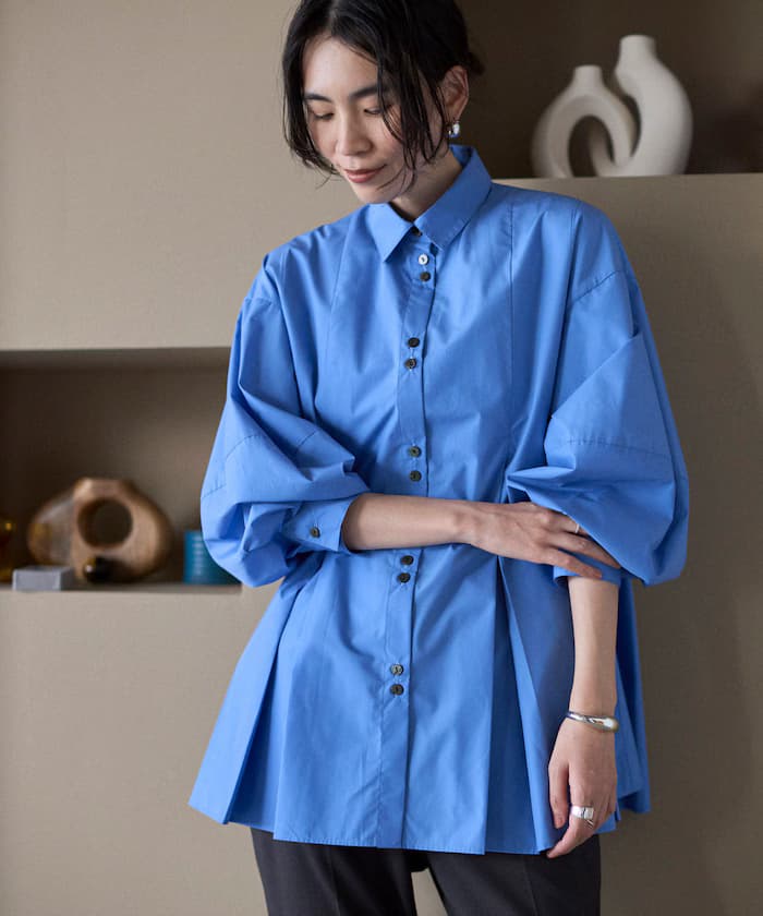 ボックス打褶 バルーンスリーブ 長版スリーブ襯衫