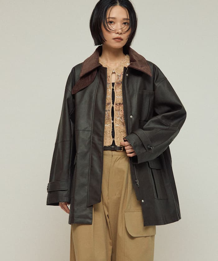 寬鬆版型破壞感皮革外套 / 領子燈芯絨